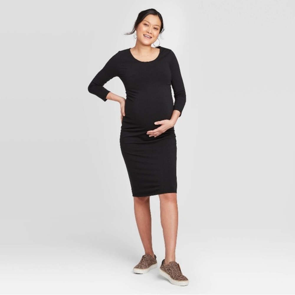 Isabel Maternity Black Midi Bodycon Dress Size Medium Side Ruching